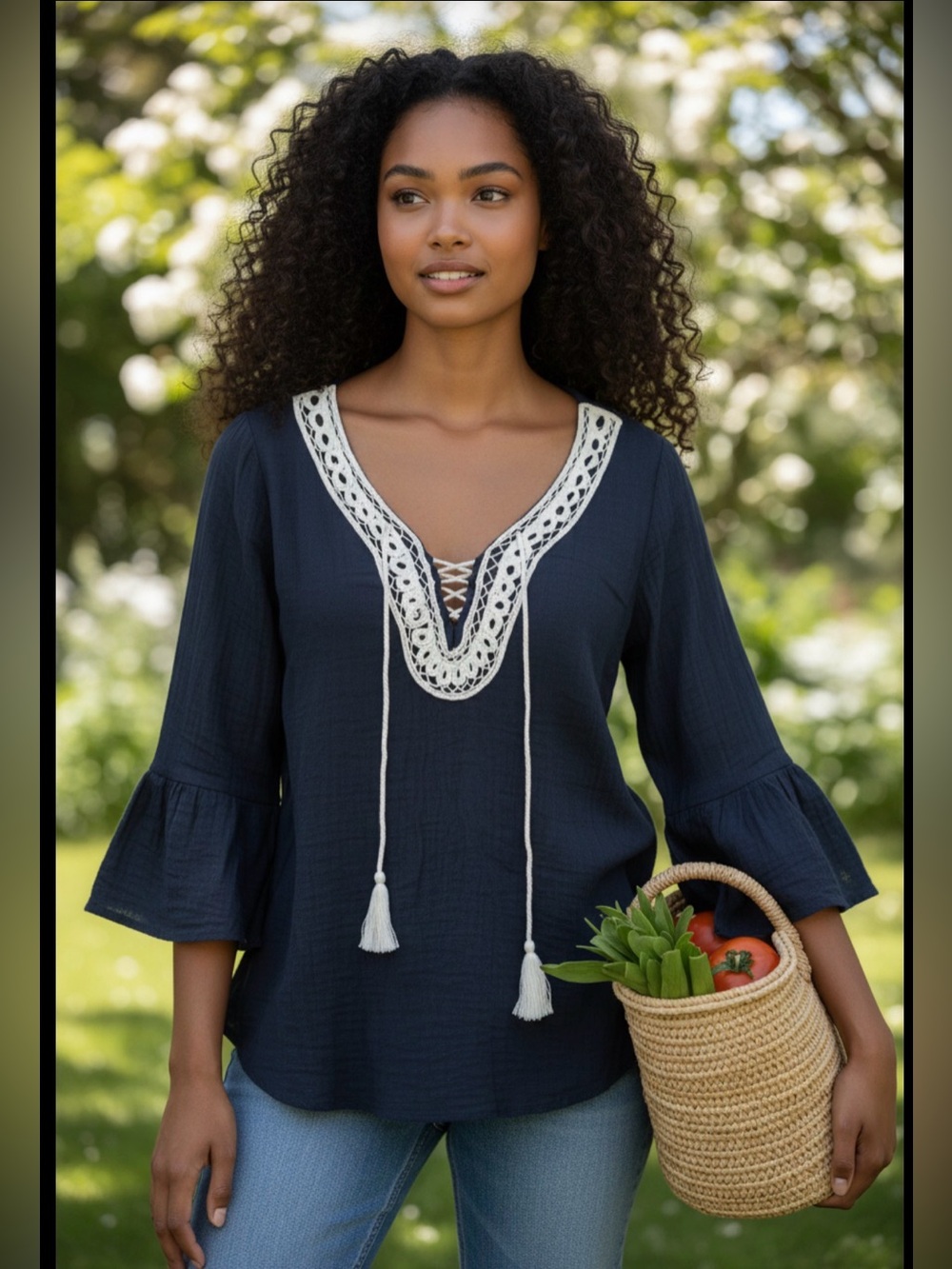 Women’s XL‎ Blue Tunic Top Tassel Gauzy Boho Hippie Festival Crochet